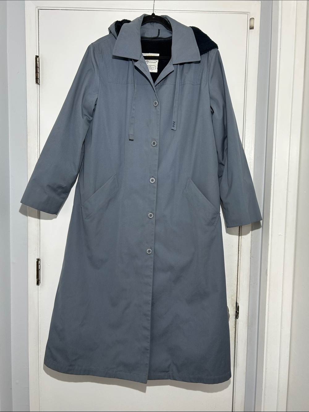 Vtg London Fog Maincoats Classic Women's Long Hooded Trench Coat Slate Blue